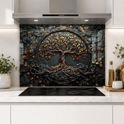Decorative glass splashback with tree design in a kitchen setting