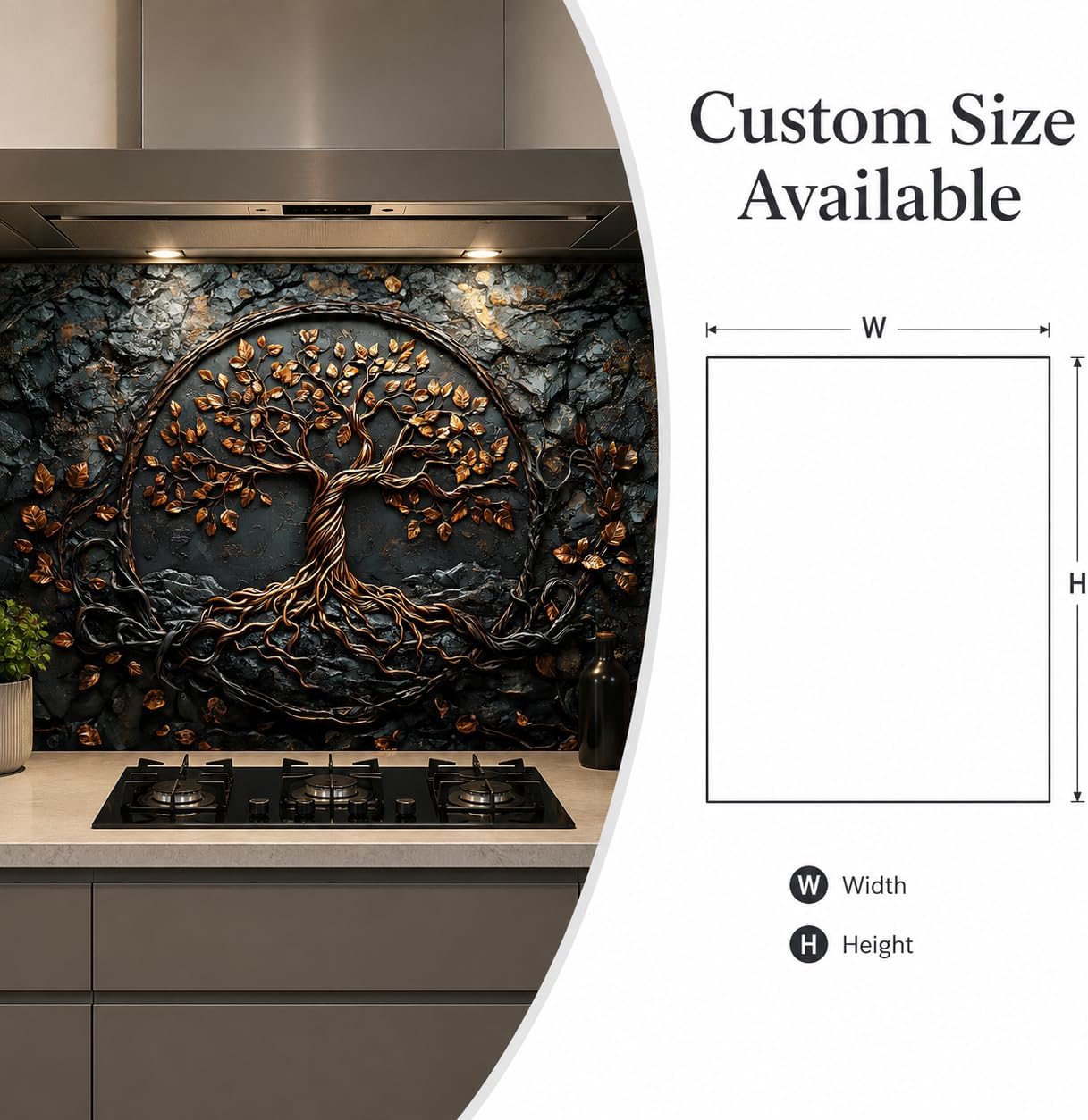 Decorative wall art with tree design above a stove in a kitchen, with dimensions shown.