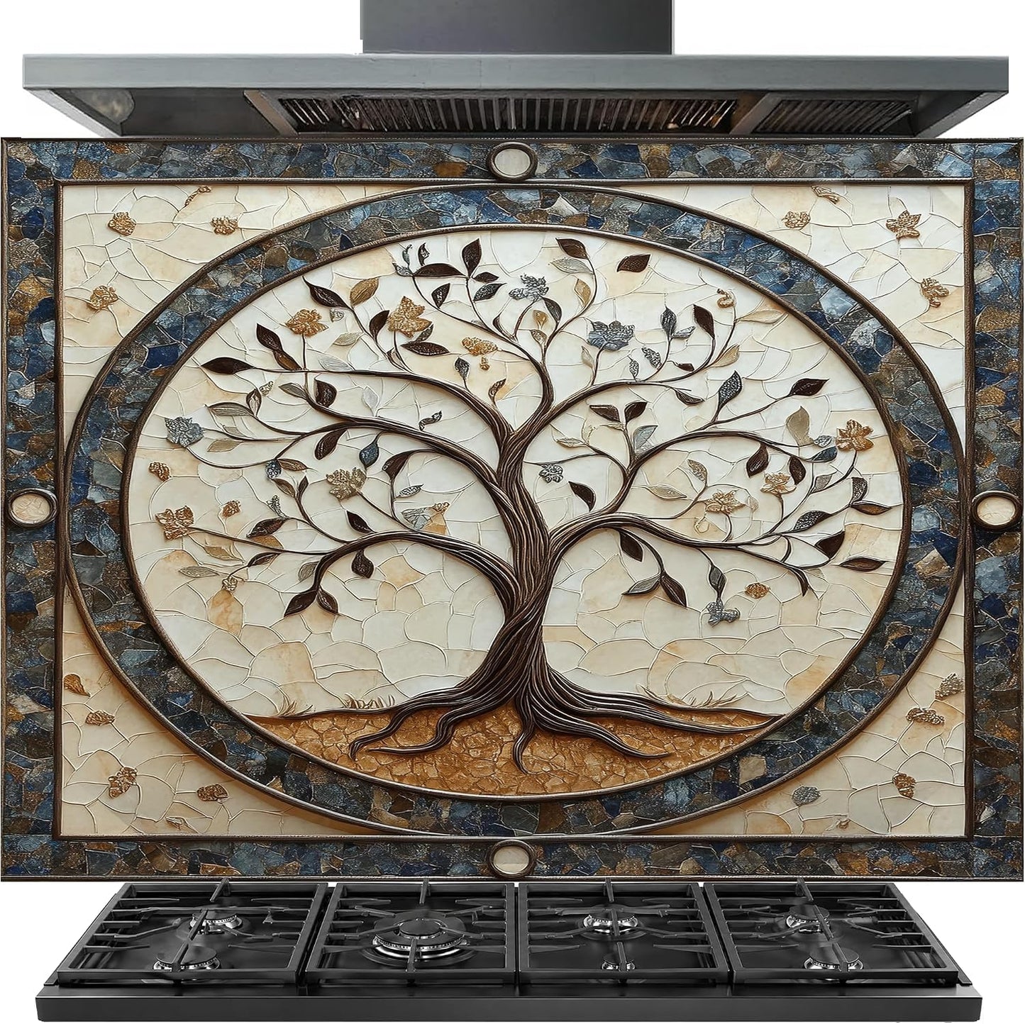 Decorative backsplash with tree of life design on a stove