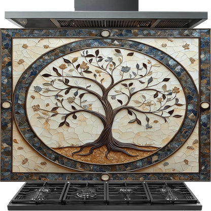 Decorative backsplash with tree of life design on a stove