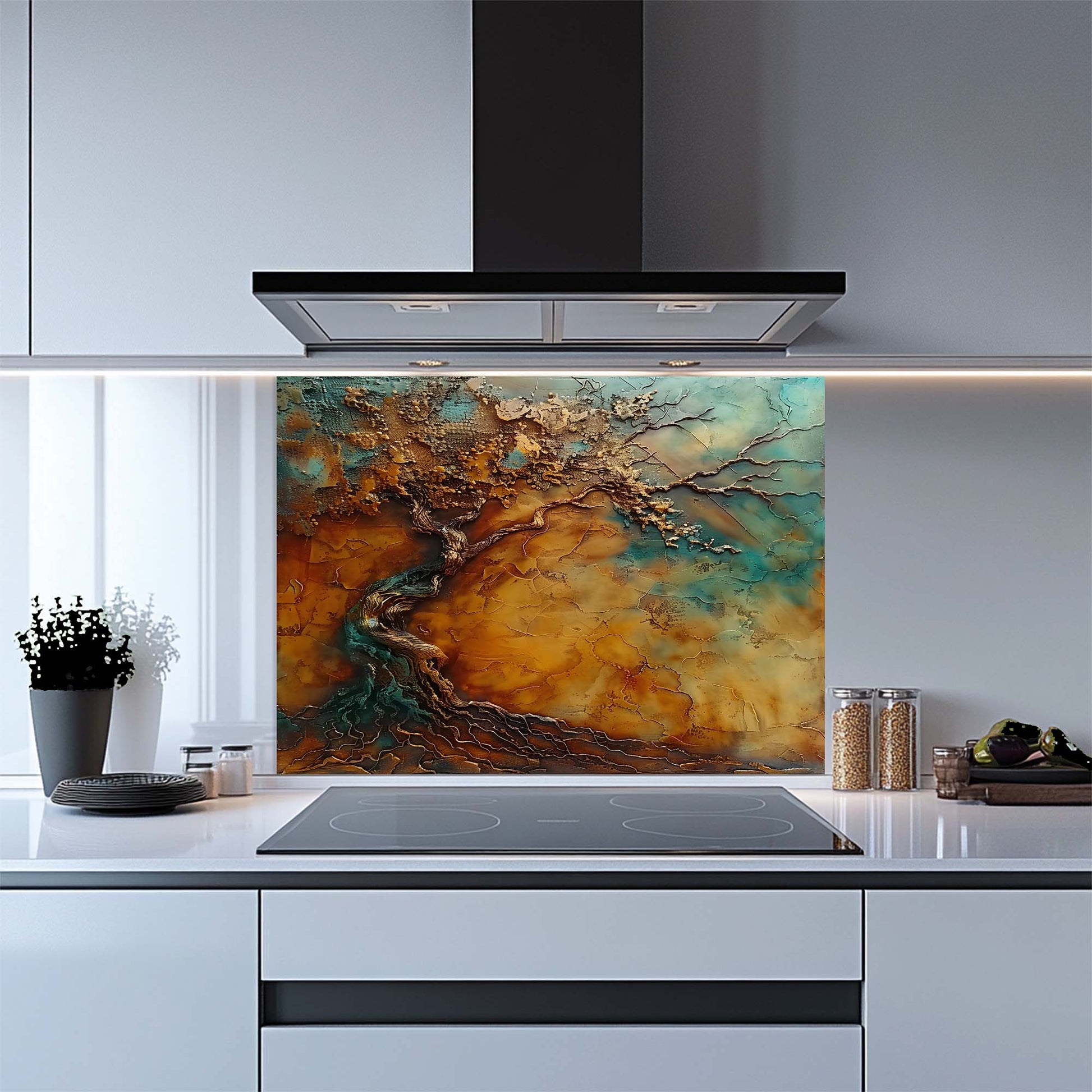 Kitchen with a decorative glass backsplash featuring a tree design.