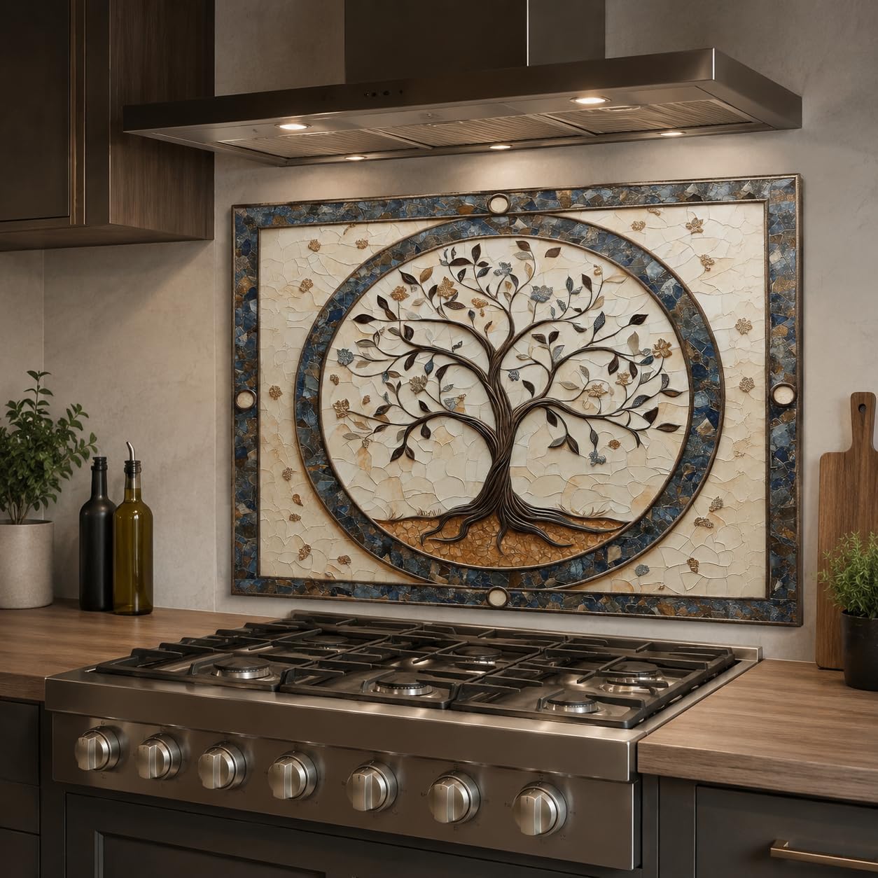 Decorative tile with a tree design above a stove in a kitchen.