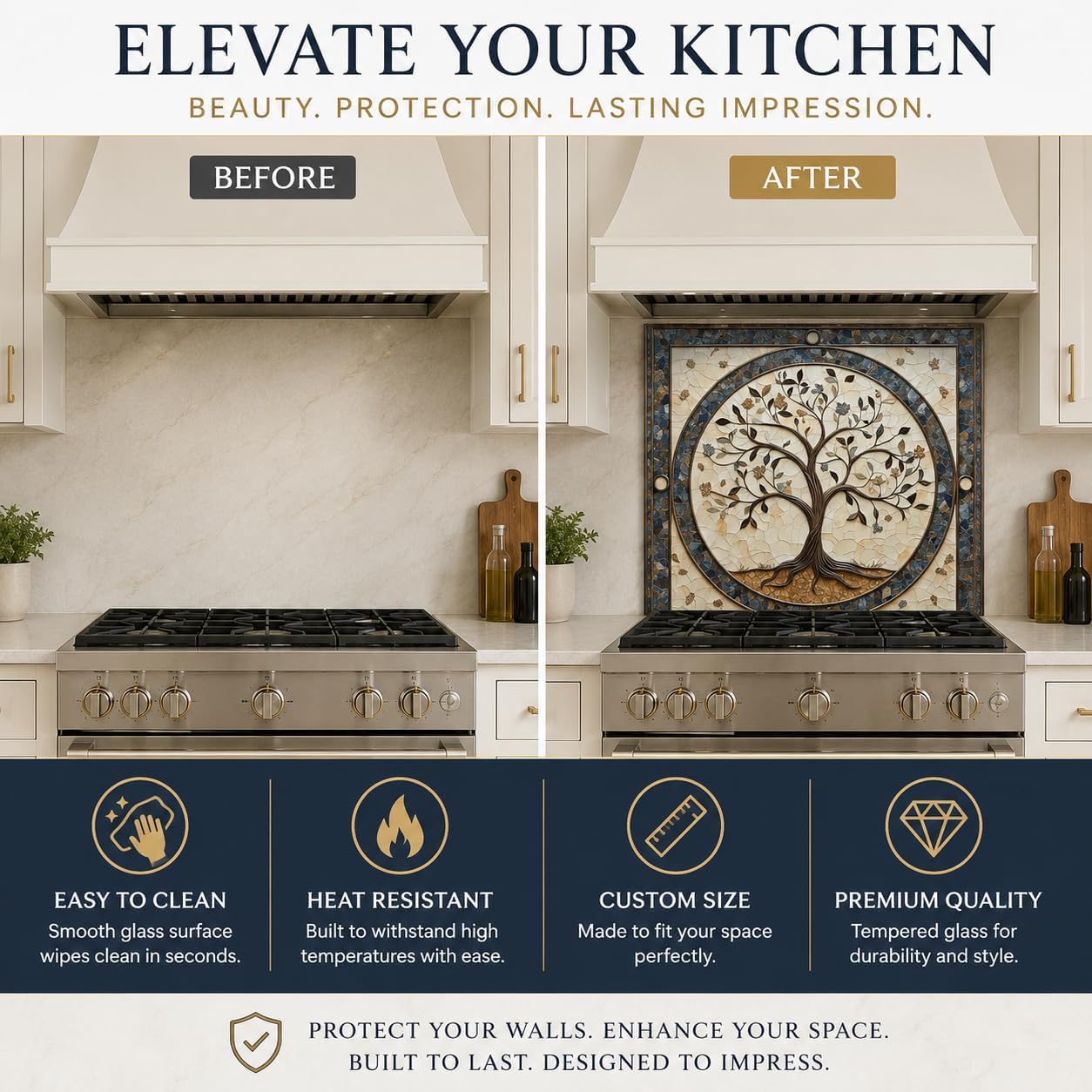 Before and after comparison of a kitchen with decorative tile on the wall.