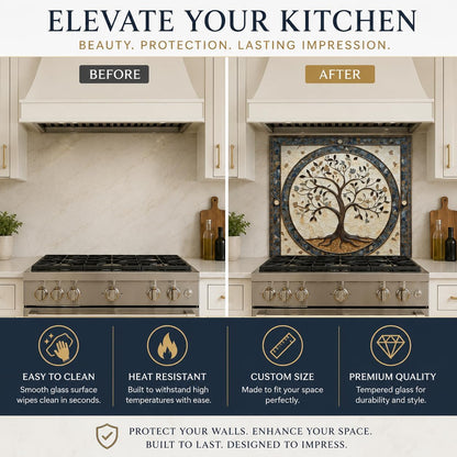 Before and after comparison of a kitchen with decorative tile on the wall.