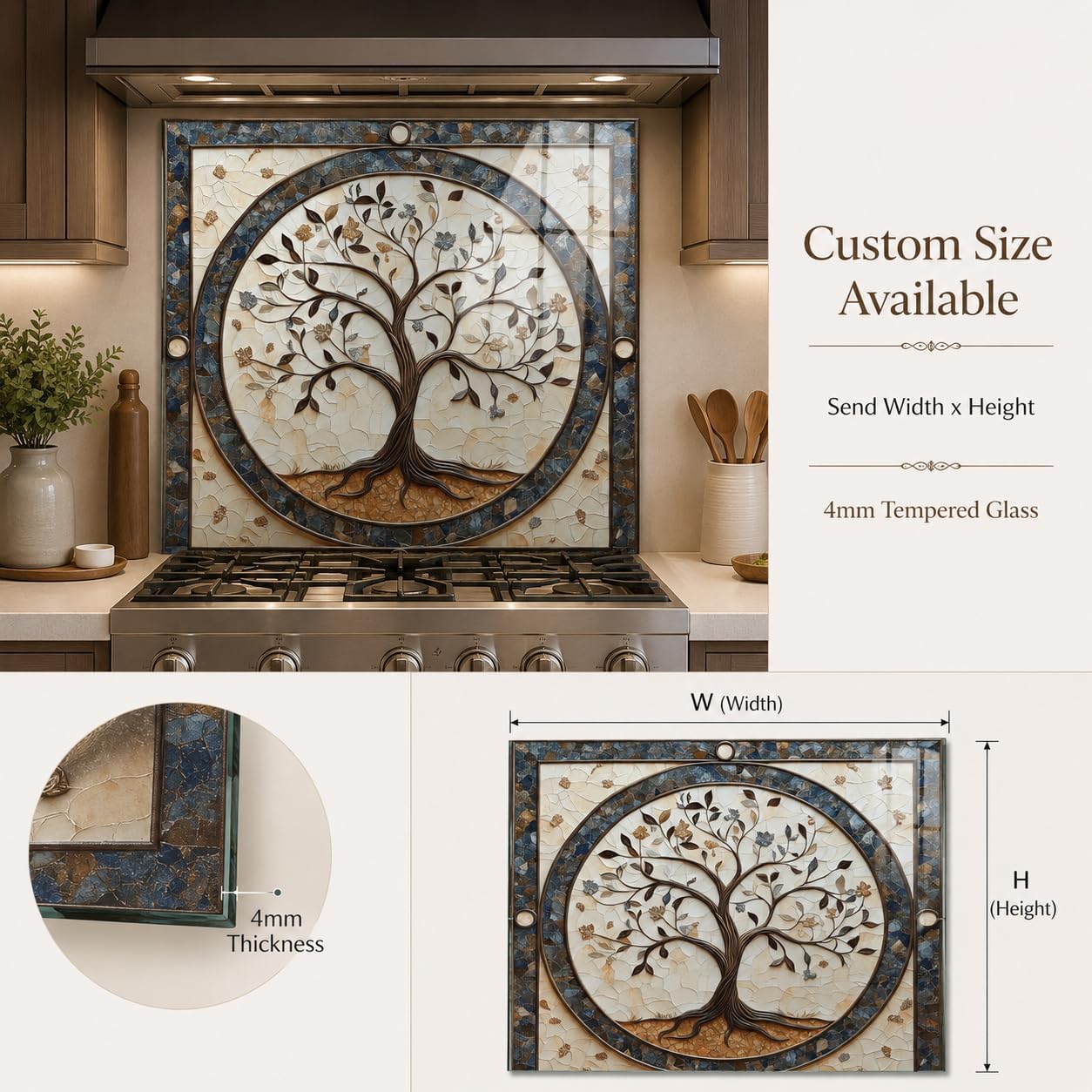 Decorative kitchen backsplash with tree design and customizable size information.