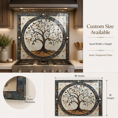 Decorative kitchen backsplash with tree design and customizable size information.