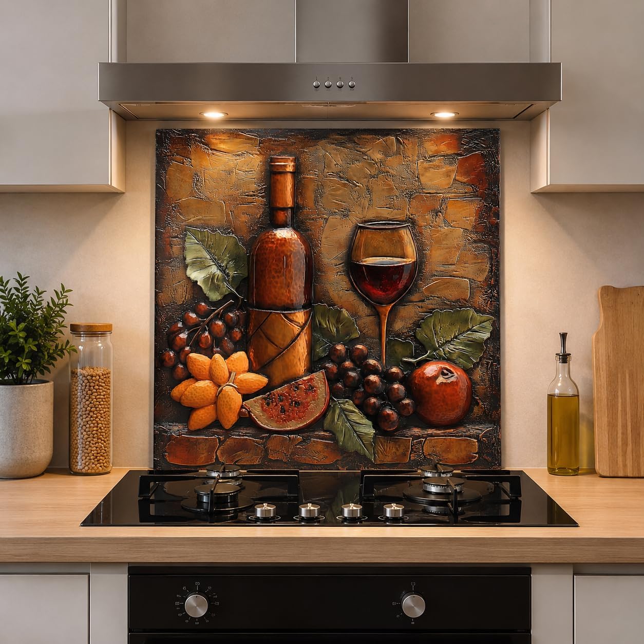 Decorative backsplash with wine bottle, glass, and fruits in a kitchen setting