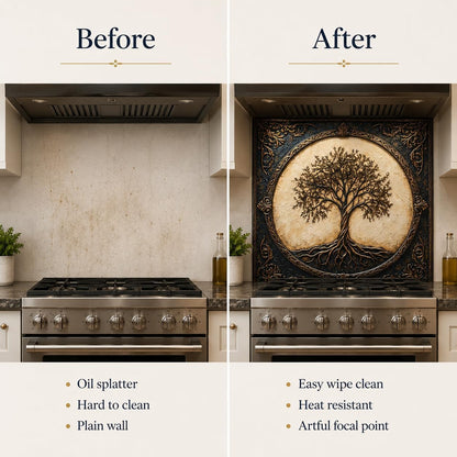 Before and after comparison of a kitchen wall with an oil-splattered surface and a decorative tree design.