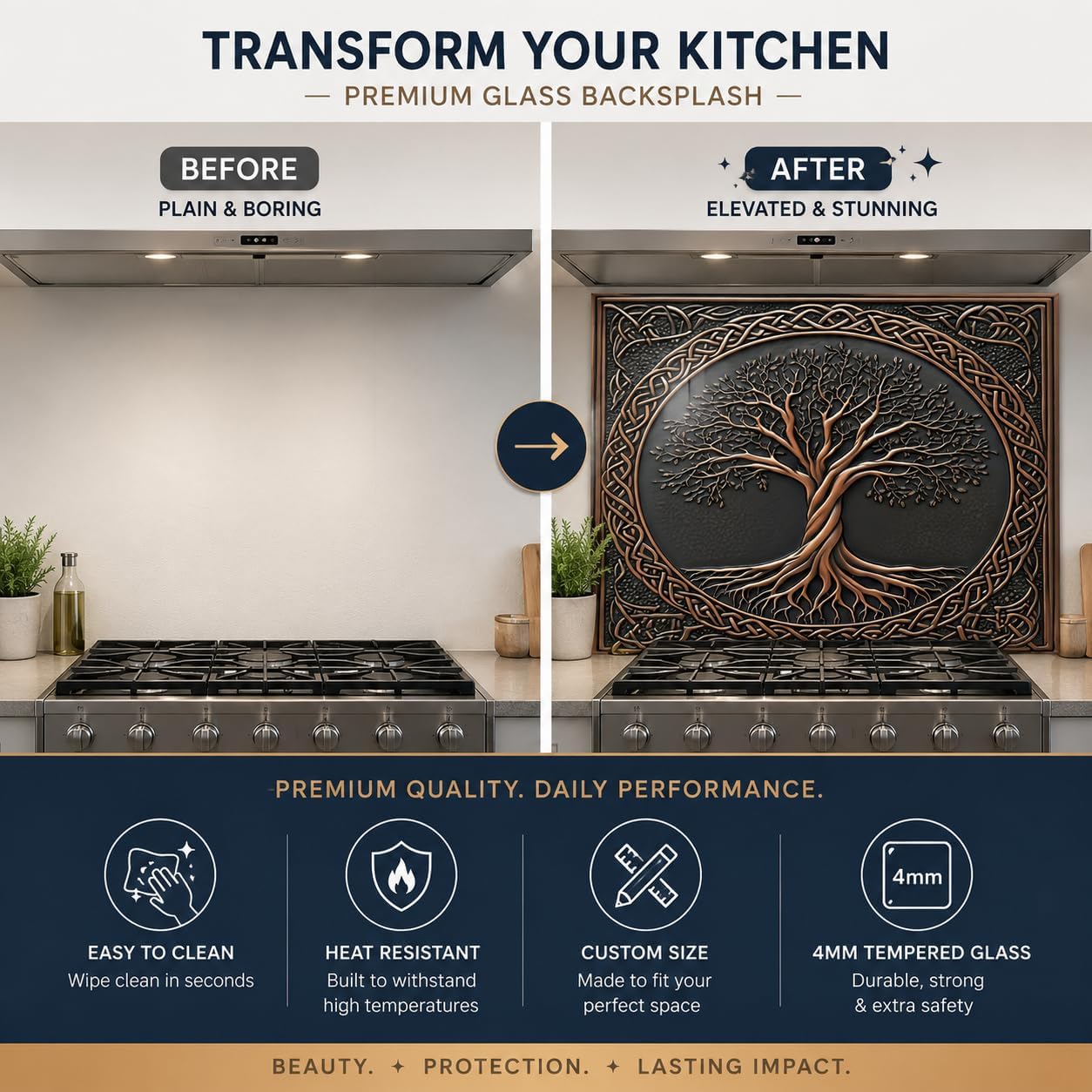 Before and after comparison of a kitchen with a decorative glass backsplash.