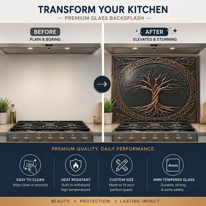 Before and after comparison of a kitchen with a decorative glass backsplash.