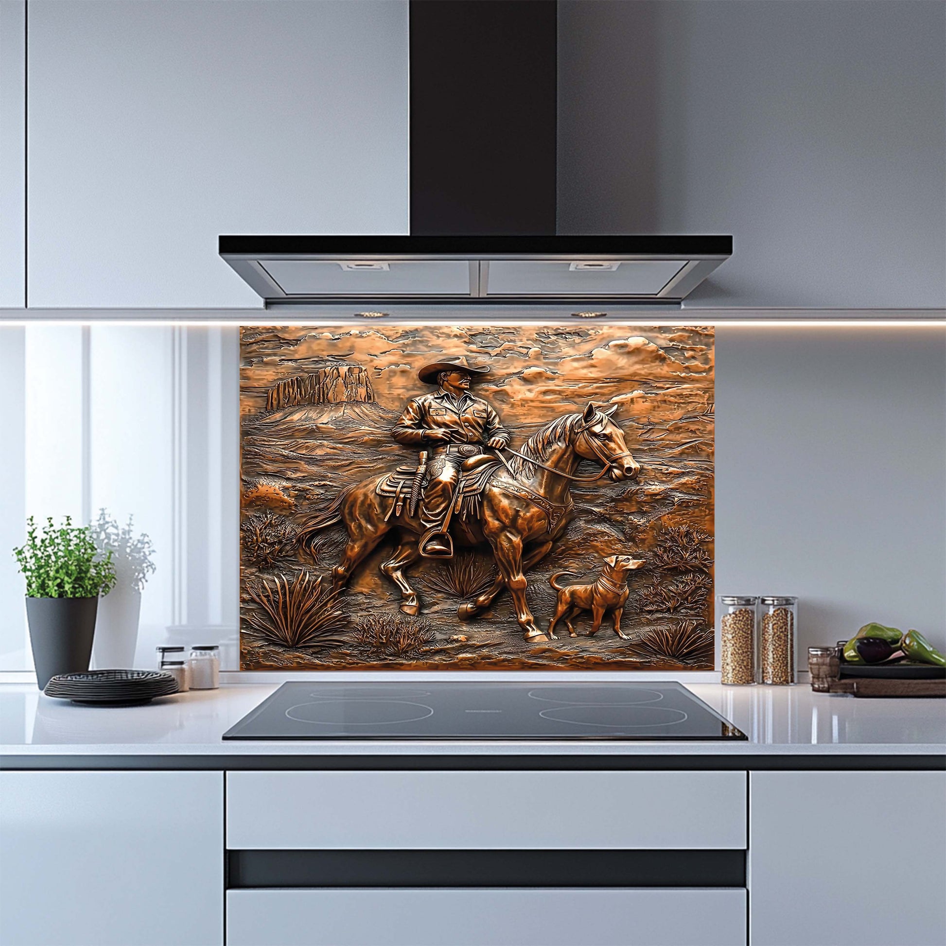 Kitchen with a decorative glass splashback featuring a cowboy on horseback and a dog.