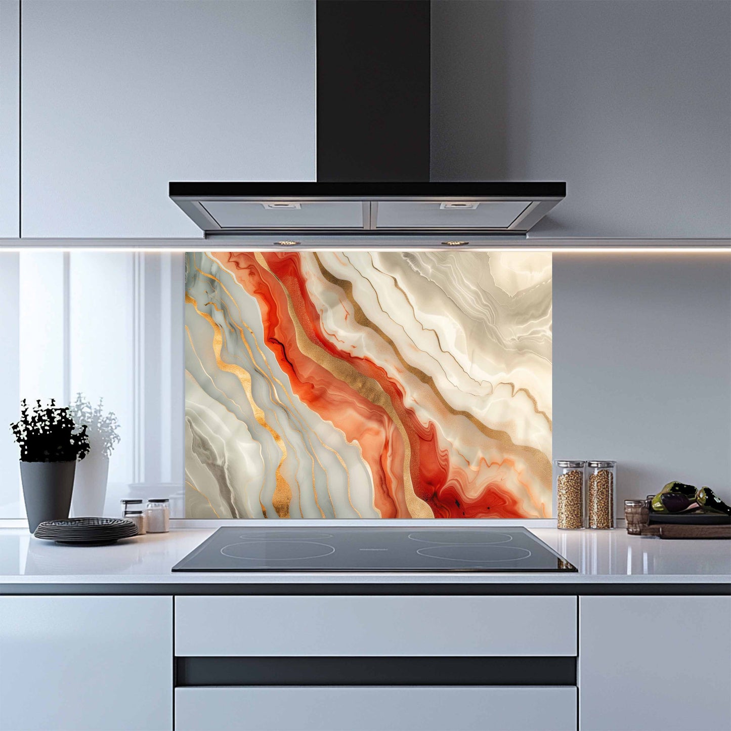 Modern kitchen with a colorful abstract design splashback panel.