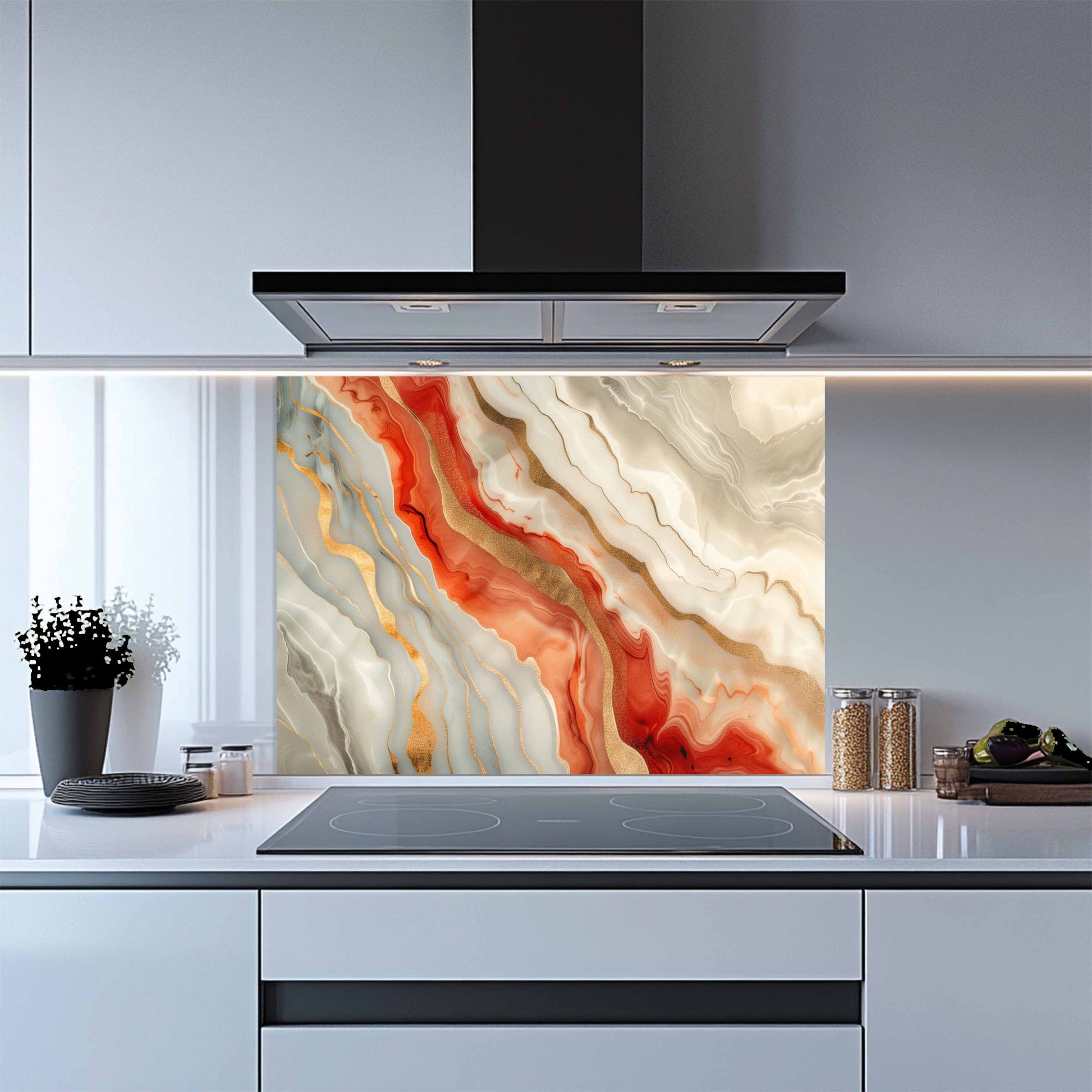 Modern kitchen with a colorful abstract design splashback panel.