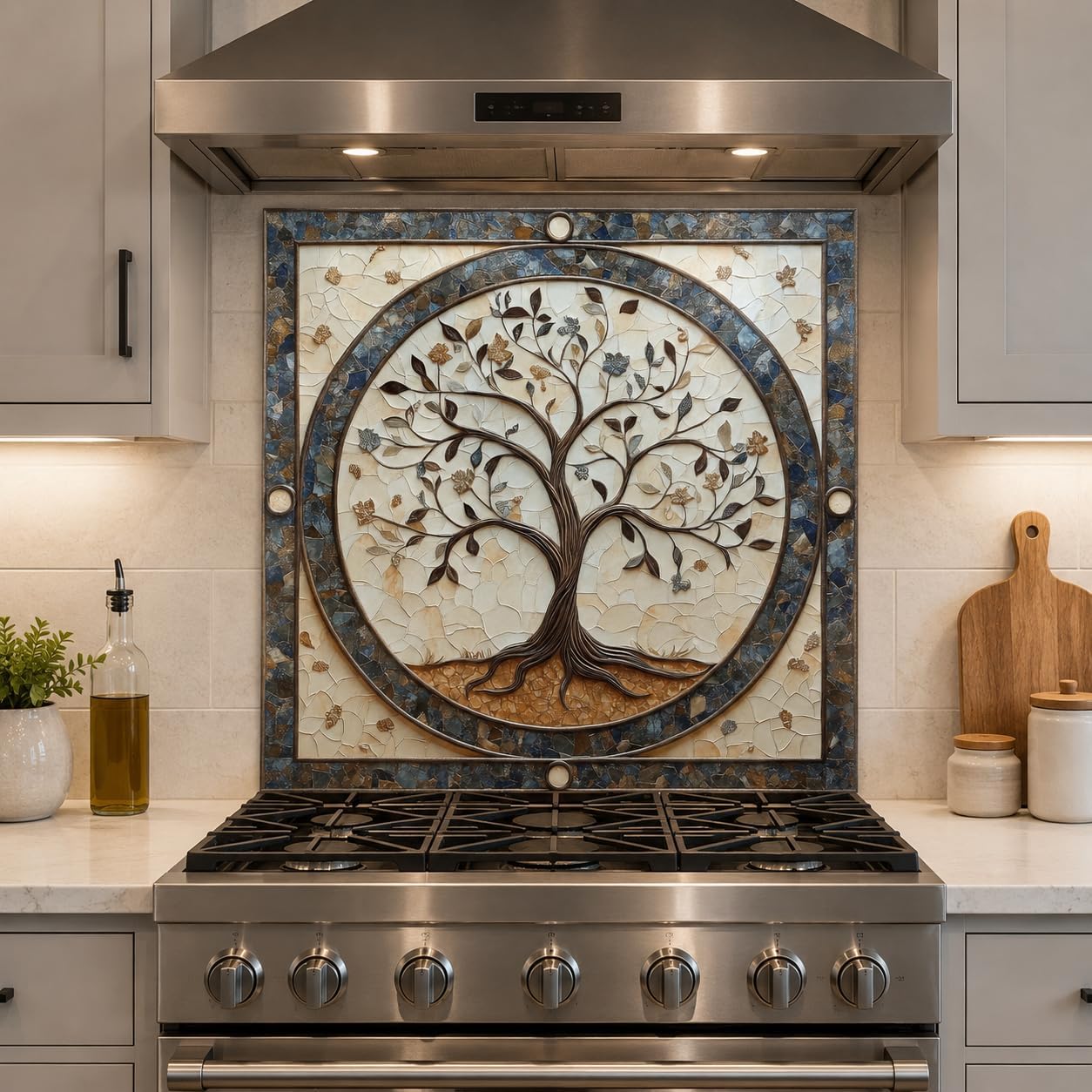 Stainless steel stove with decorative tile backsplash featuring a tree design in a kitchen setting.