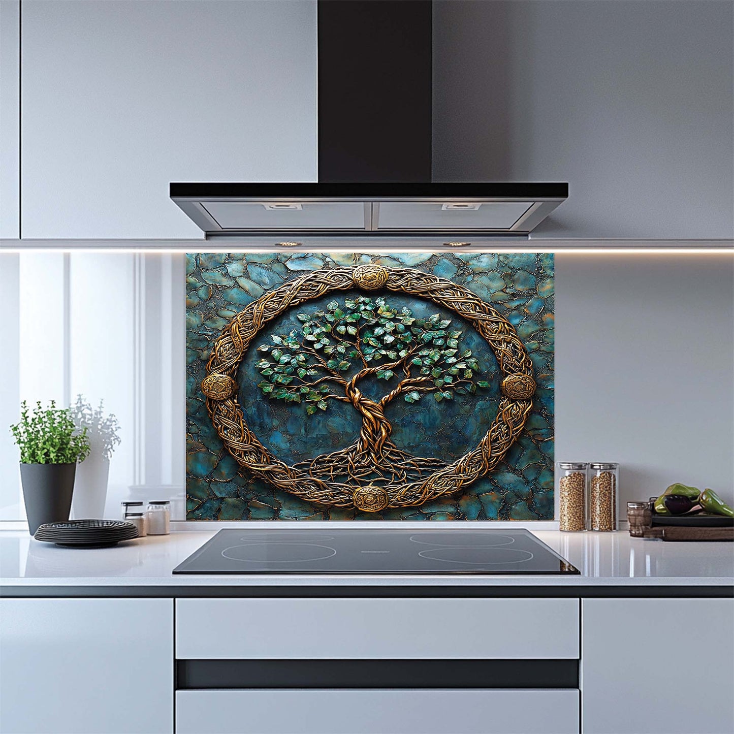 Decorative kitchen glass backsplash with tree of life design in a modern kitchen.