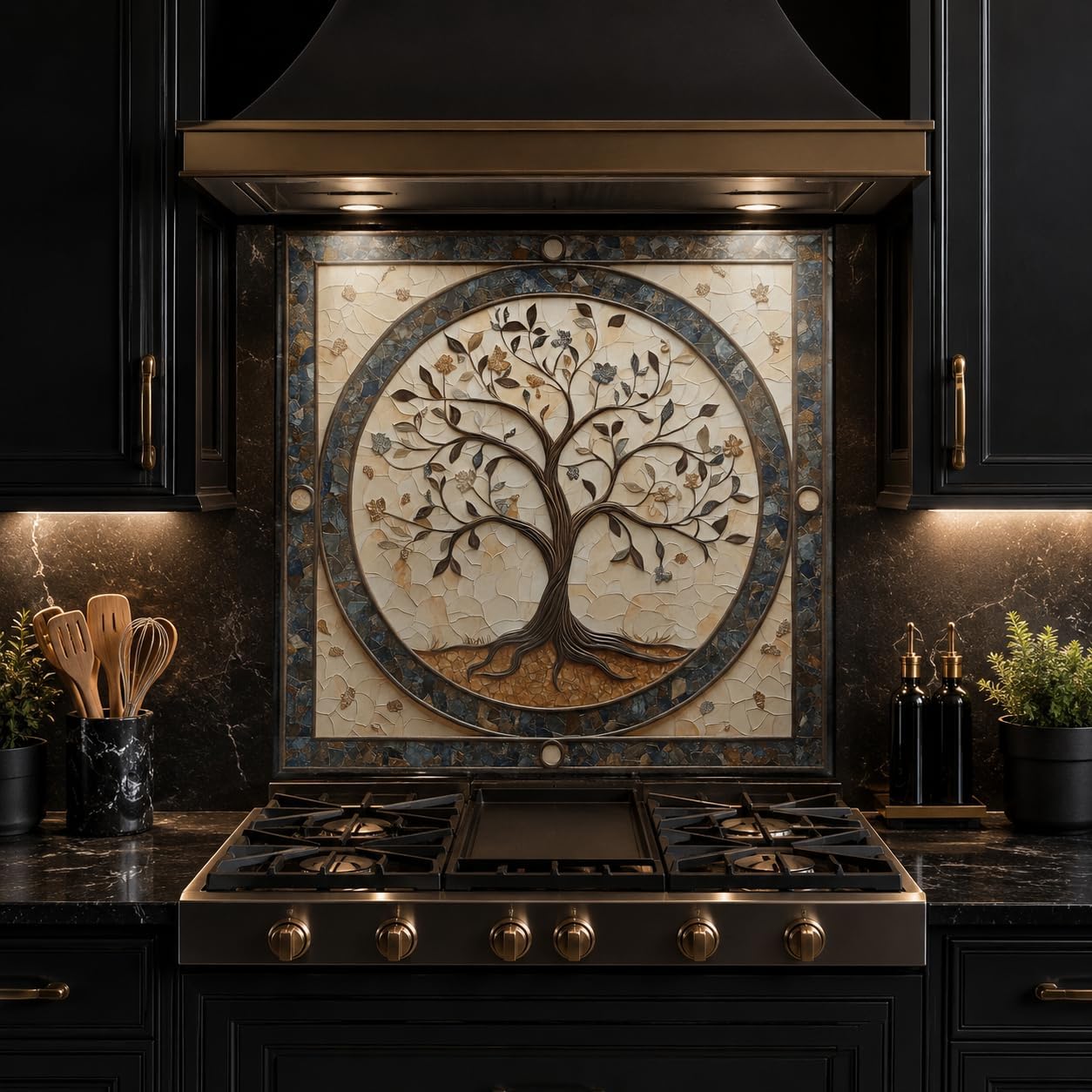 Decorative stove backsplash with tree design in a kitchen setting