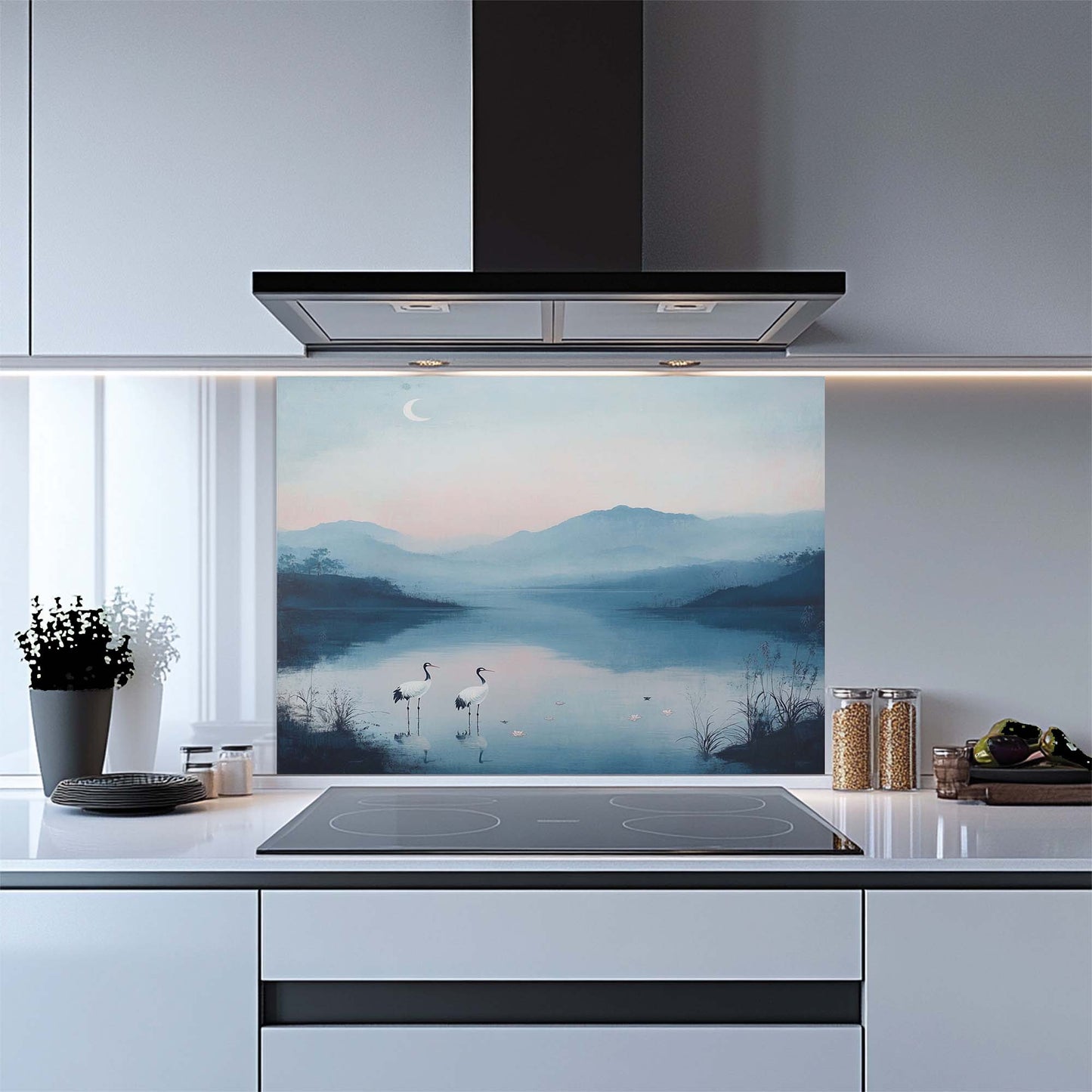 Tempered Glass Backsplash – Elegant Lake View with Cranes and Crescent Moon, Blue Serene Kitchen Backsplash