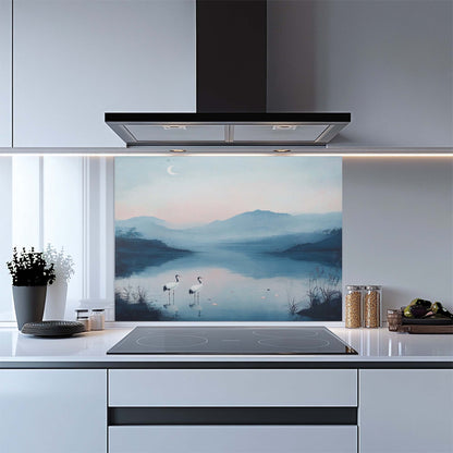 Tempered Glass Backsplash – Elegant Lake View with Cranes and Crescent Moon, Blue Serene Kitchen Backsplash