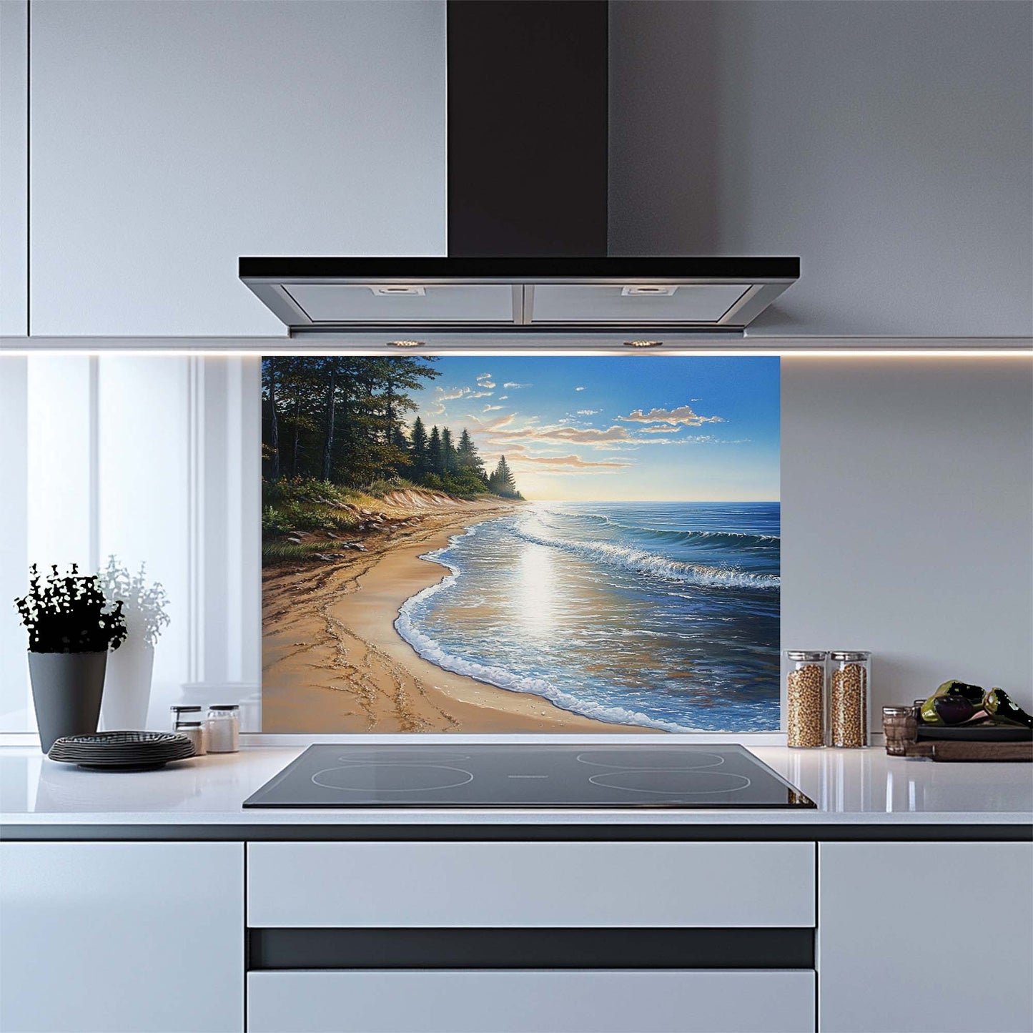 Tempered glass backsplash featuring pine trees and coastal shoreline at sunset – perfect for rustic or beach-themed kitchens.