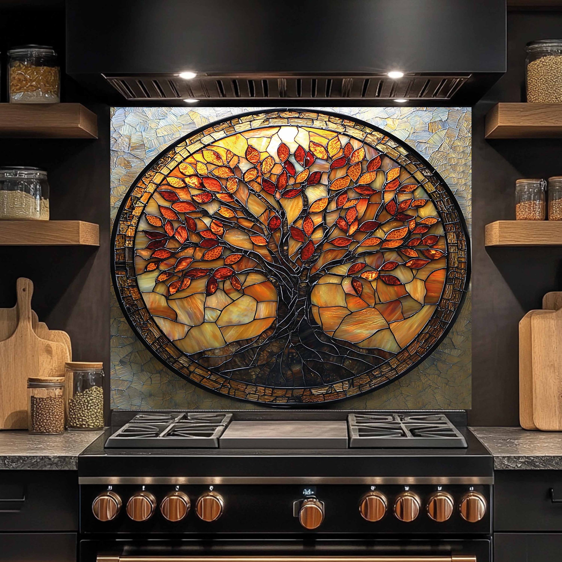 Stained glass kitchen backsplash tree of life above a stove in a kitchen setting
