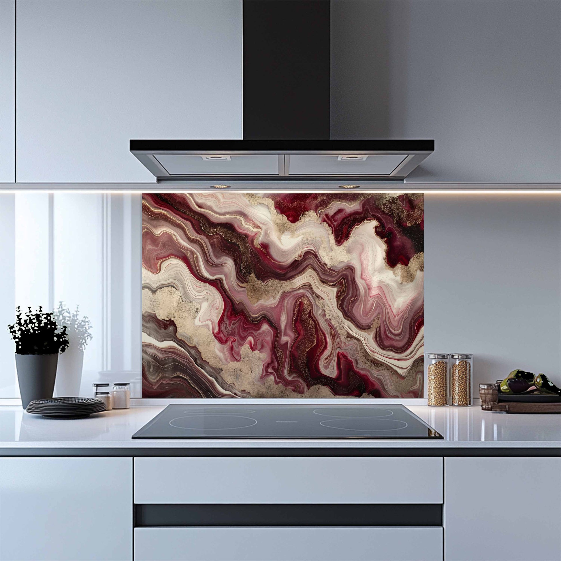 Kitchen with a marbled glass splashback panel