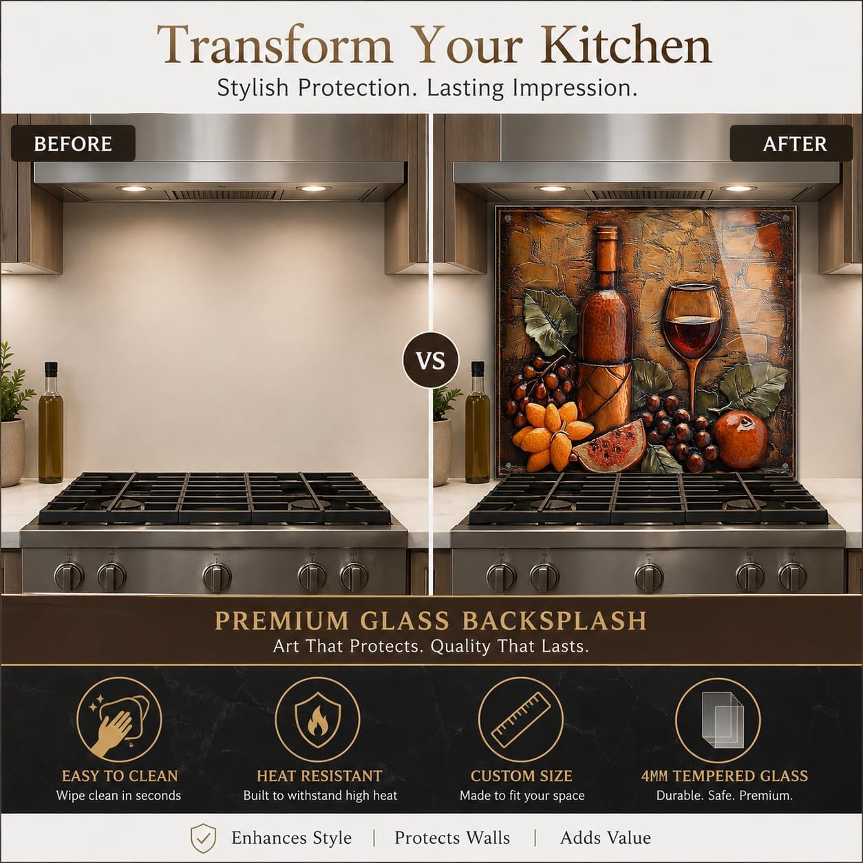 Before and after comparison of a kitchen with a glass backsplash featuring wine-themed design.