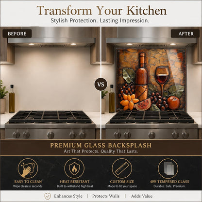 Before and after comparison of a kitchen with a glass backsplash featuring wine-themed design.