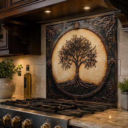 Decorative wall art with a tree design above a stove in a kitchen.