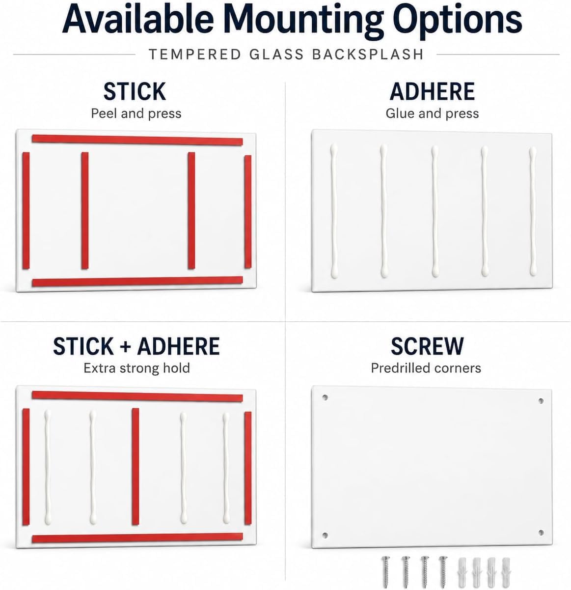 Chart showing different mounting options for a tempered glass backsplash.