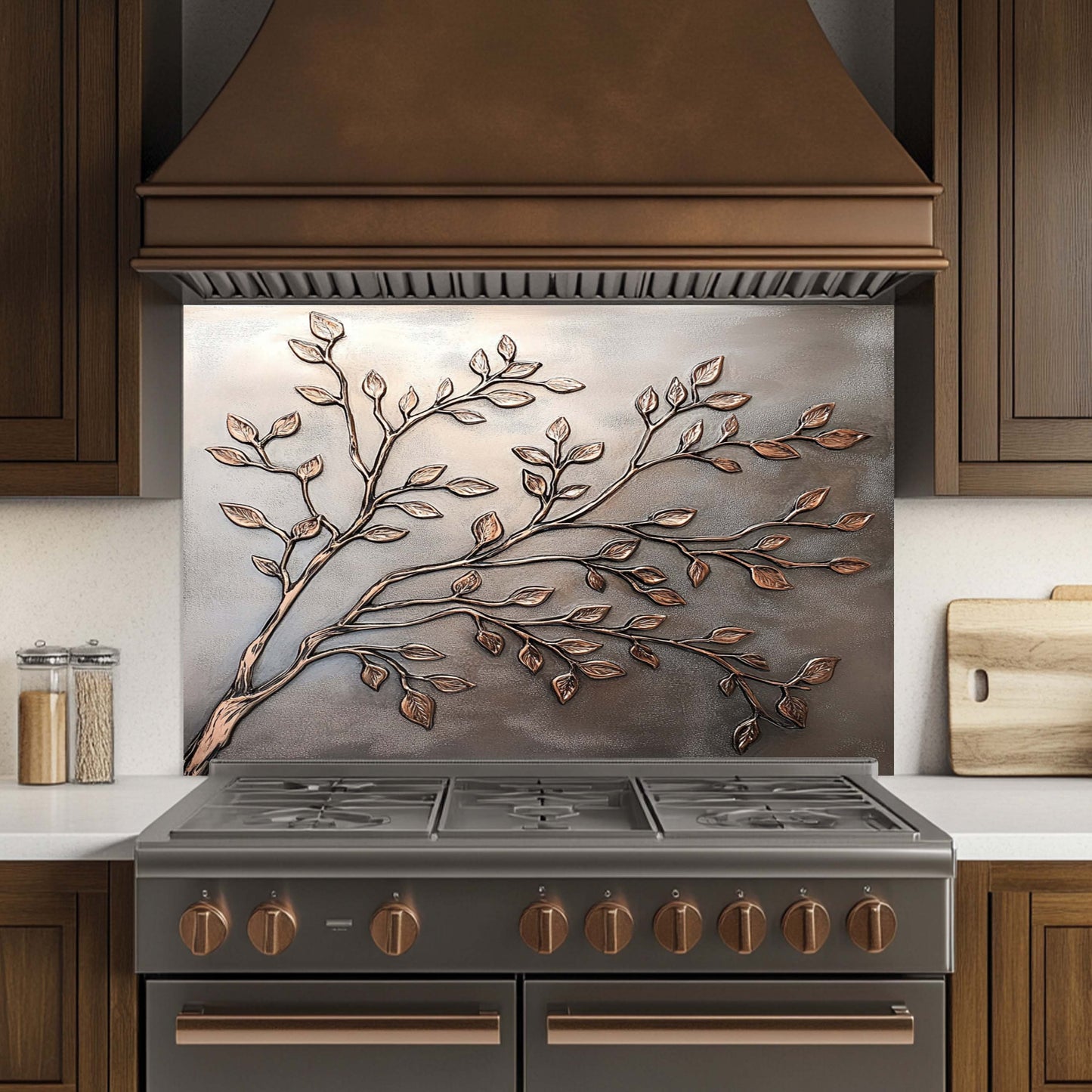 Decorative kitchen backsplash with leaf design above a stove in a kitchen.