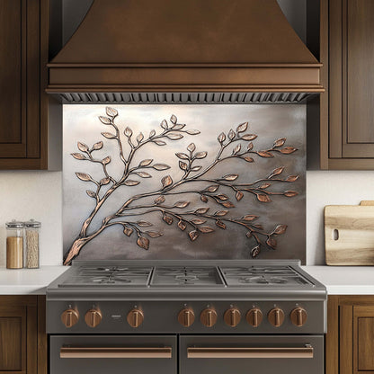 Decorative kitchen backsplash with leaf design above a stove in a kitchen.