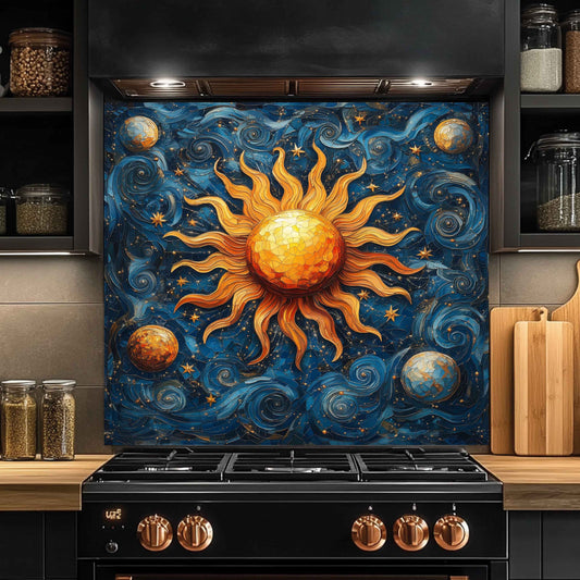 Decorative backsplash with celestial design above a black stove in a kitchen.