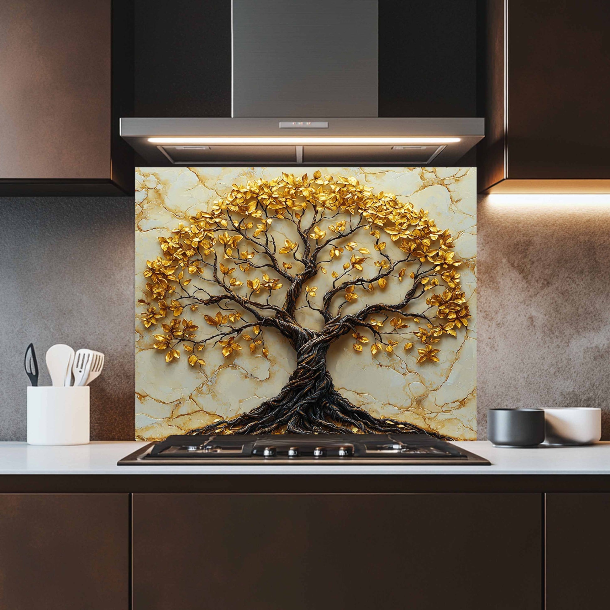 Decorative glass splashback with a tree design in a kitchen setting