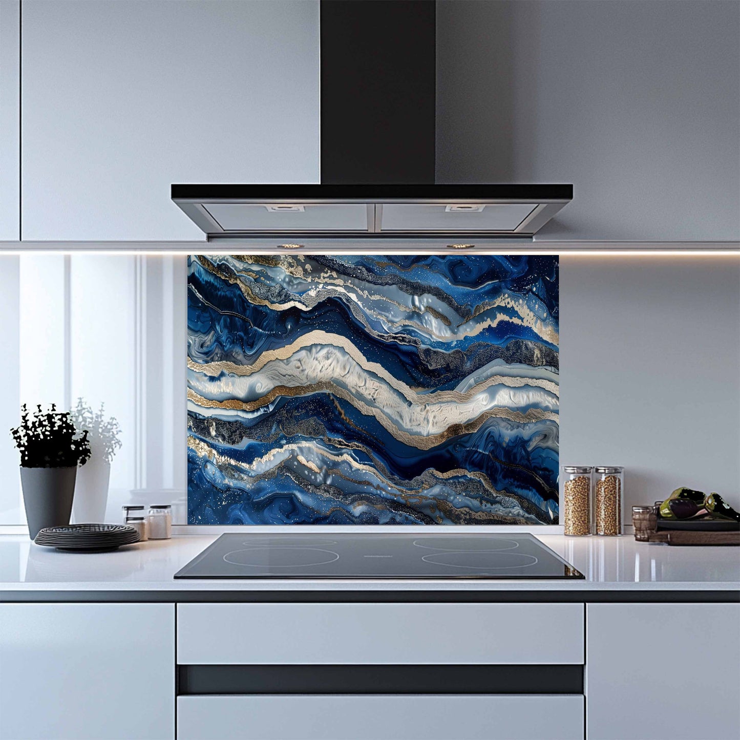 Kitchen with a blue marbled backsplash panel above a stove.
