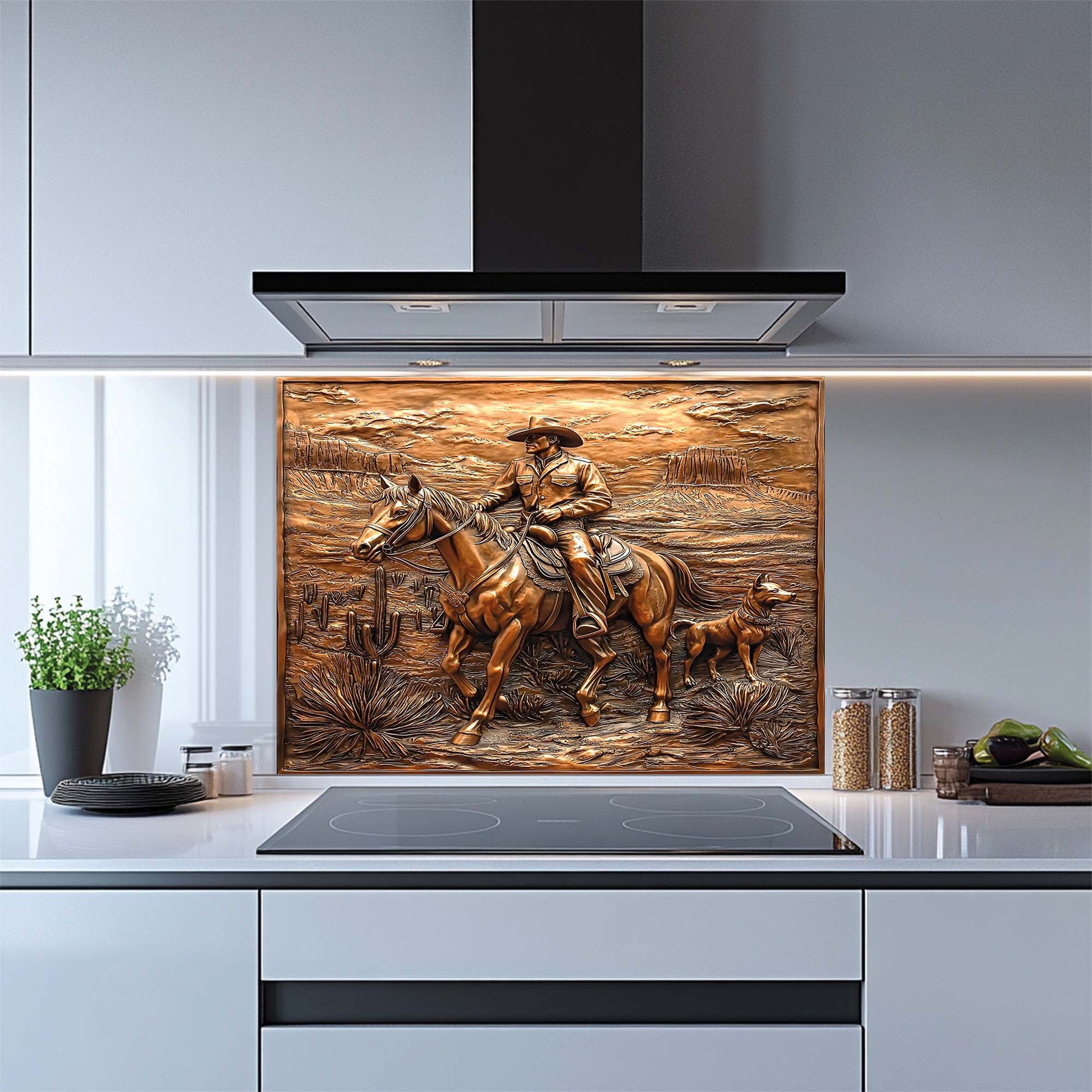 Copper western panel with cowboy on horse and dog in desert – tempered glass backsplash kitchen decor