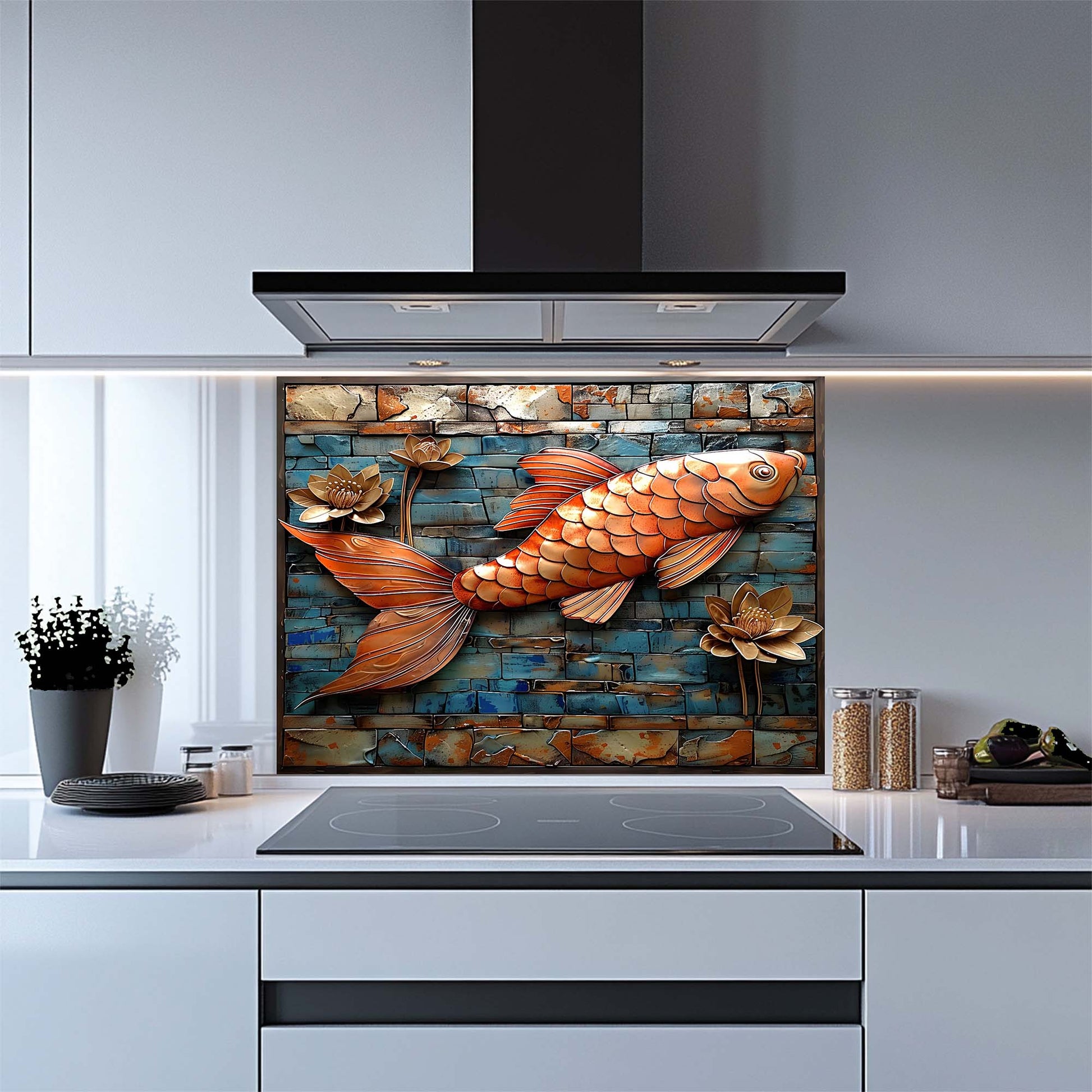 Kitchen with a decorative fish and lotus design on a glass splashback.