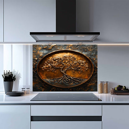 Kitchen with a decorative glass splashback featuring a tree design.