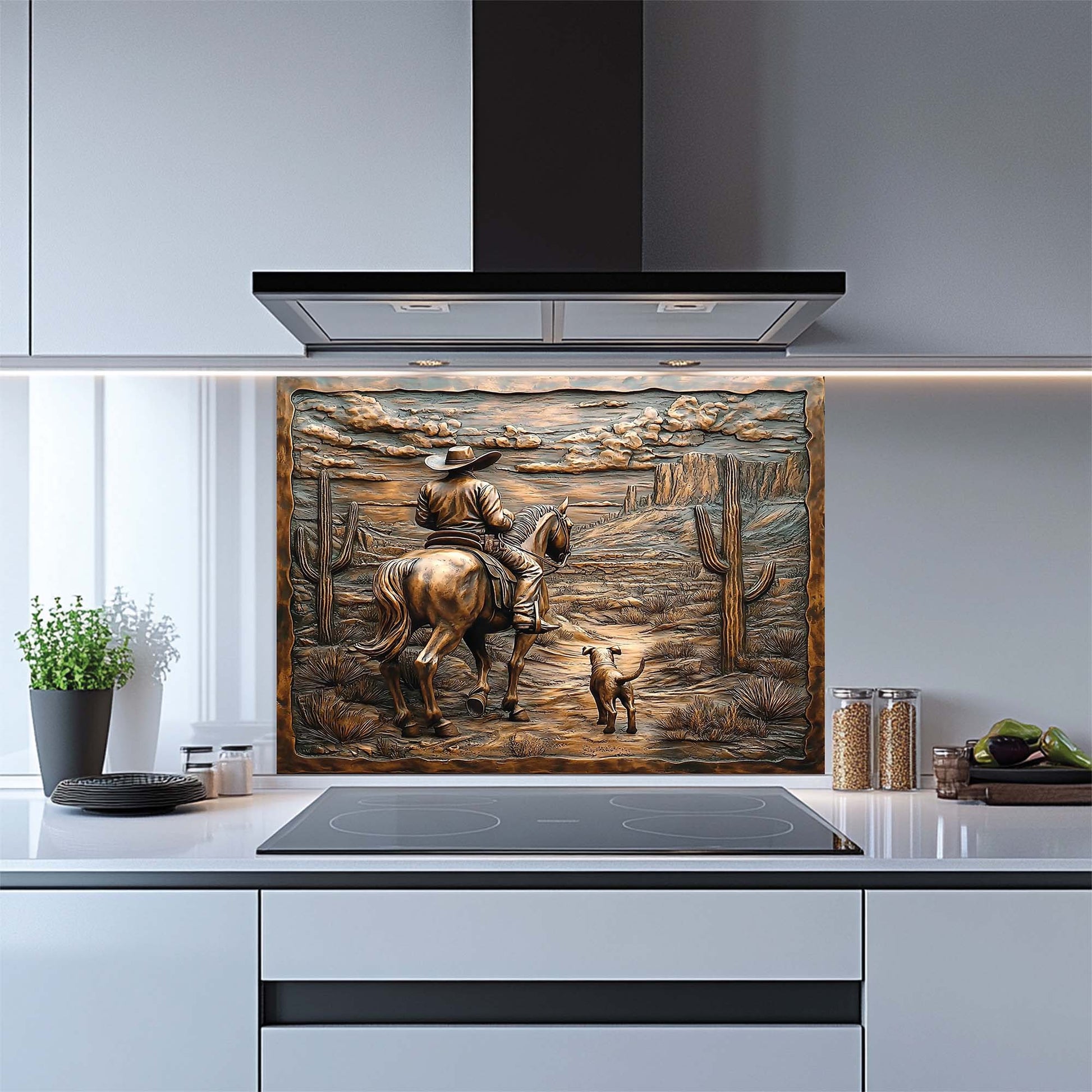 Decorative glass backsplash of a cowboy on horseback in a modern kitchen.