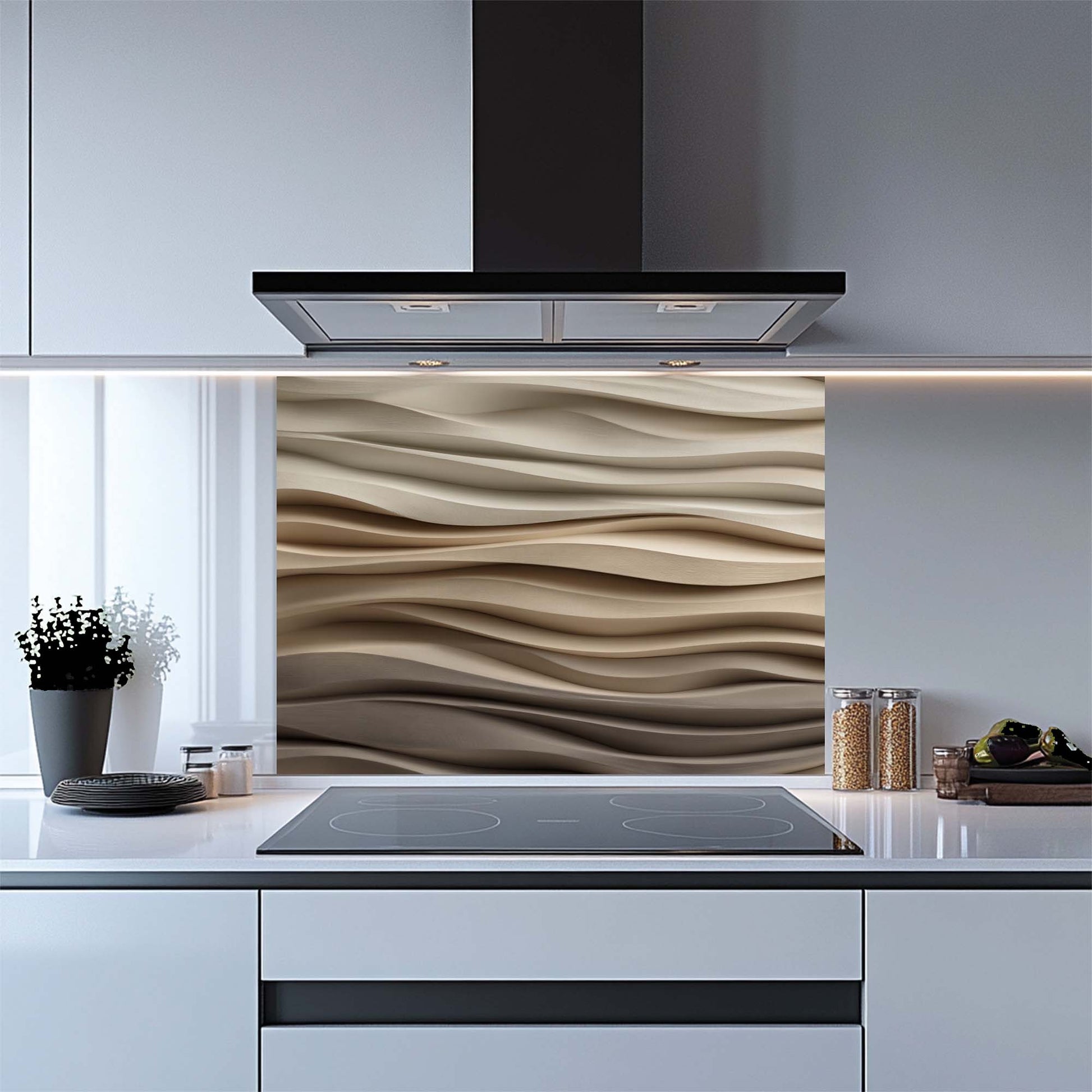 Modern kitchen with a decorative glass splashback panel.