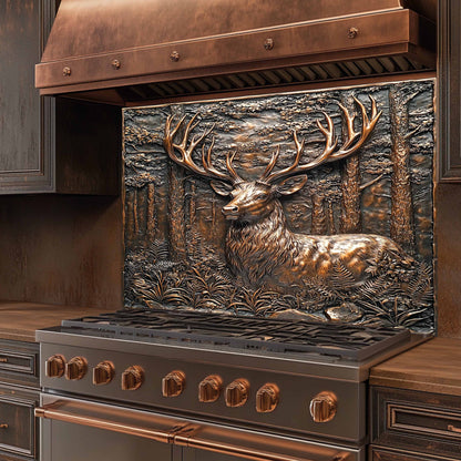 Stainless steel stove with decorative deer backsplash on the front
