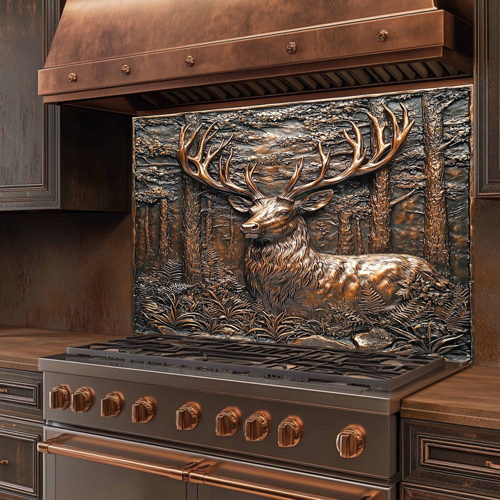 Copper Look Deer Tempered Glass Backsplash for Rustic Kitchens – Glass ...