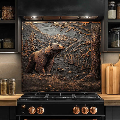 Kitchen with a decorative backsplash featuring a bear and mountain scene above a black stove.