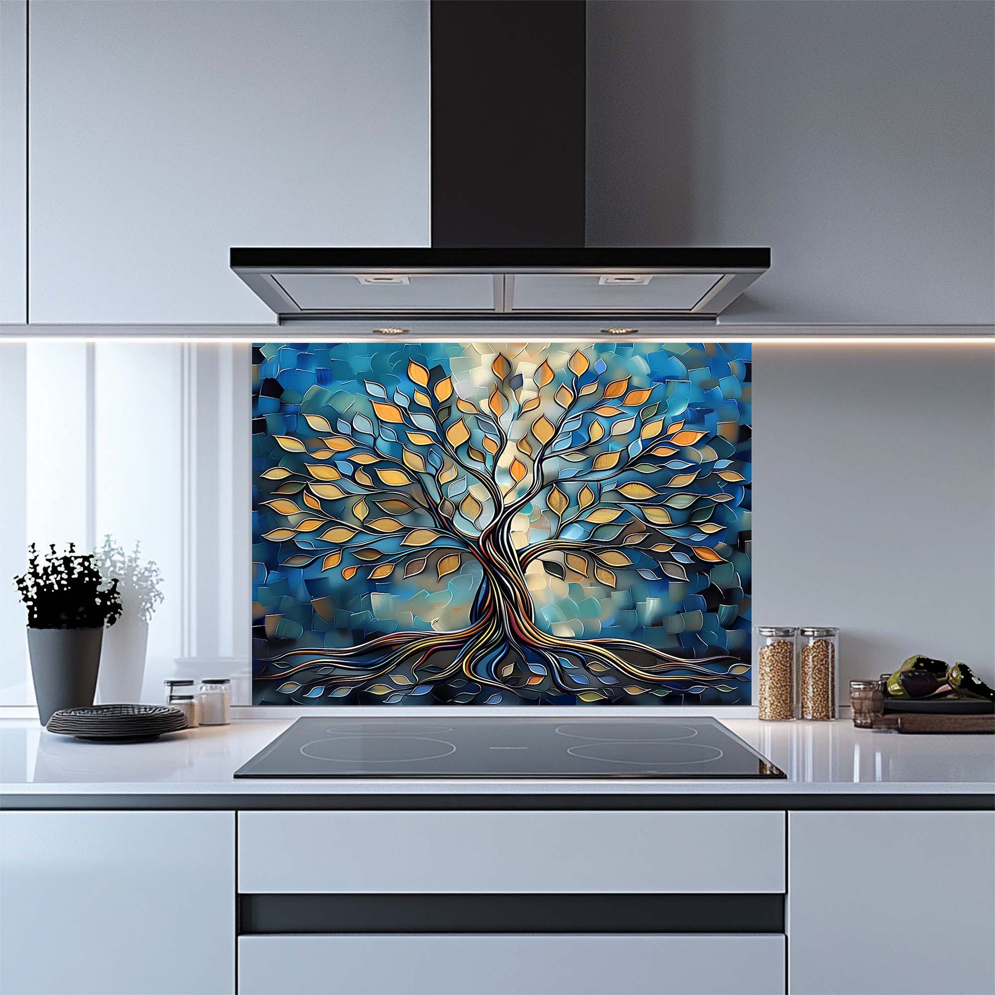 Kitchen with a decorative glass backsplash featuring a tree design.