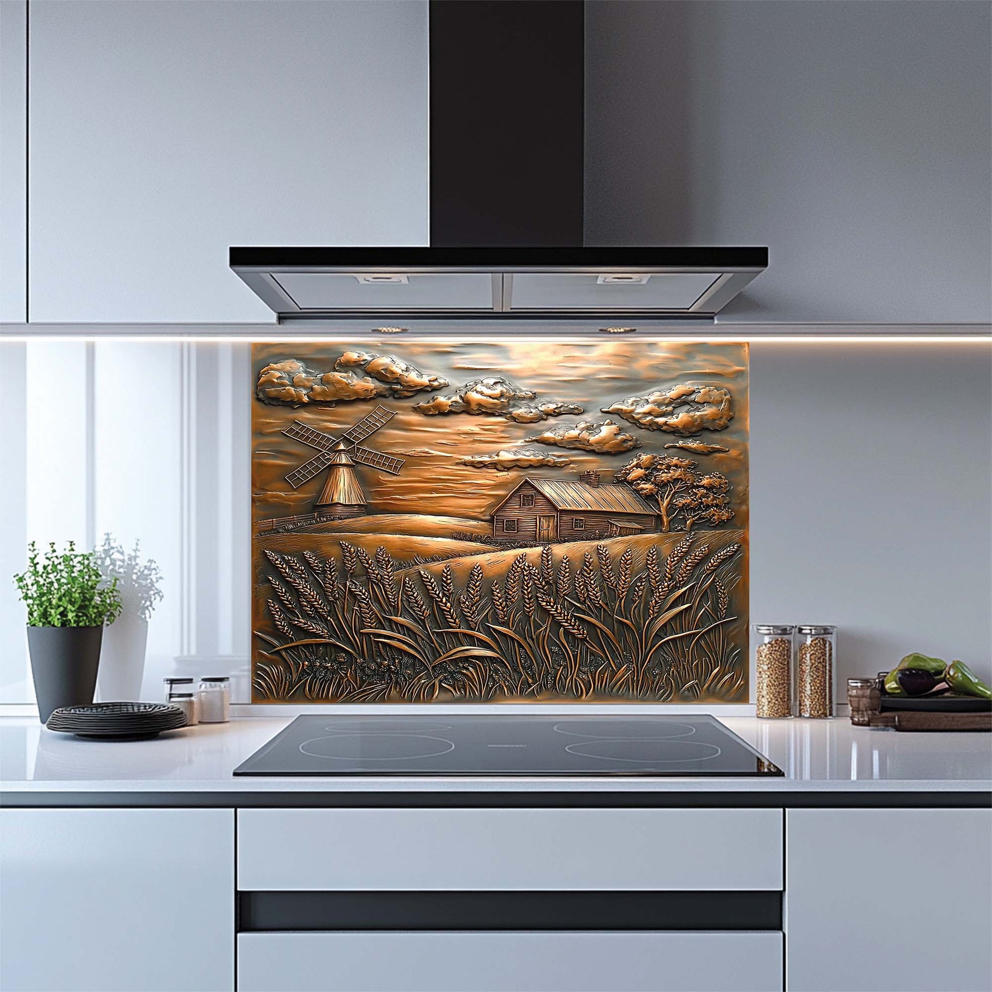 Rustic tempered glass backsplash with farmhouse, windmill, and wheat field in copper tones