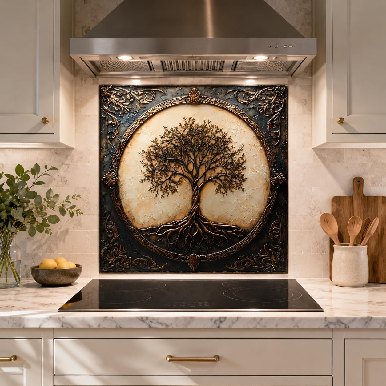 Decorative wall art with a tree design above a stove in a kitchen.