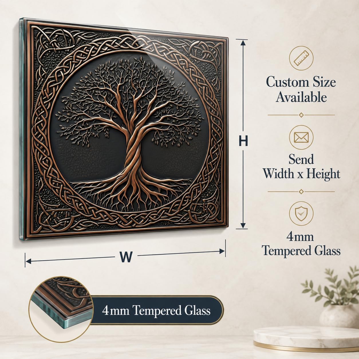 Decorative wall art with tree design and measurement details on a light background