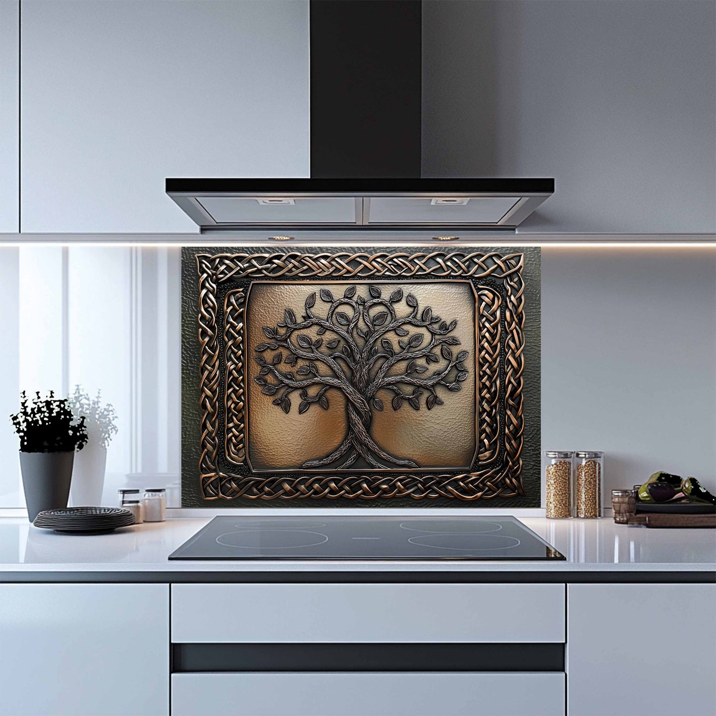 Decorative backsplash with tree design in a modern kitchen