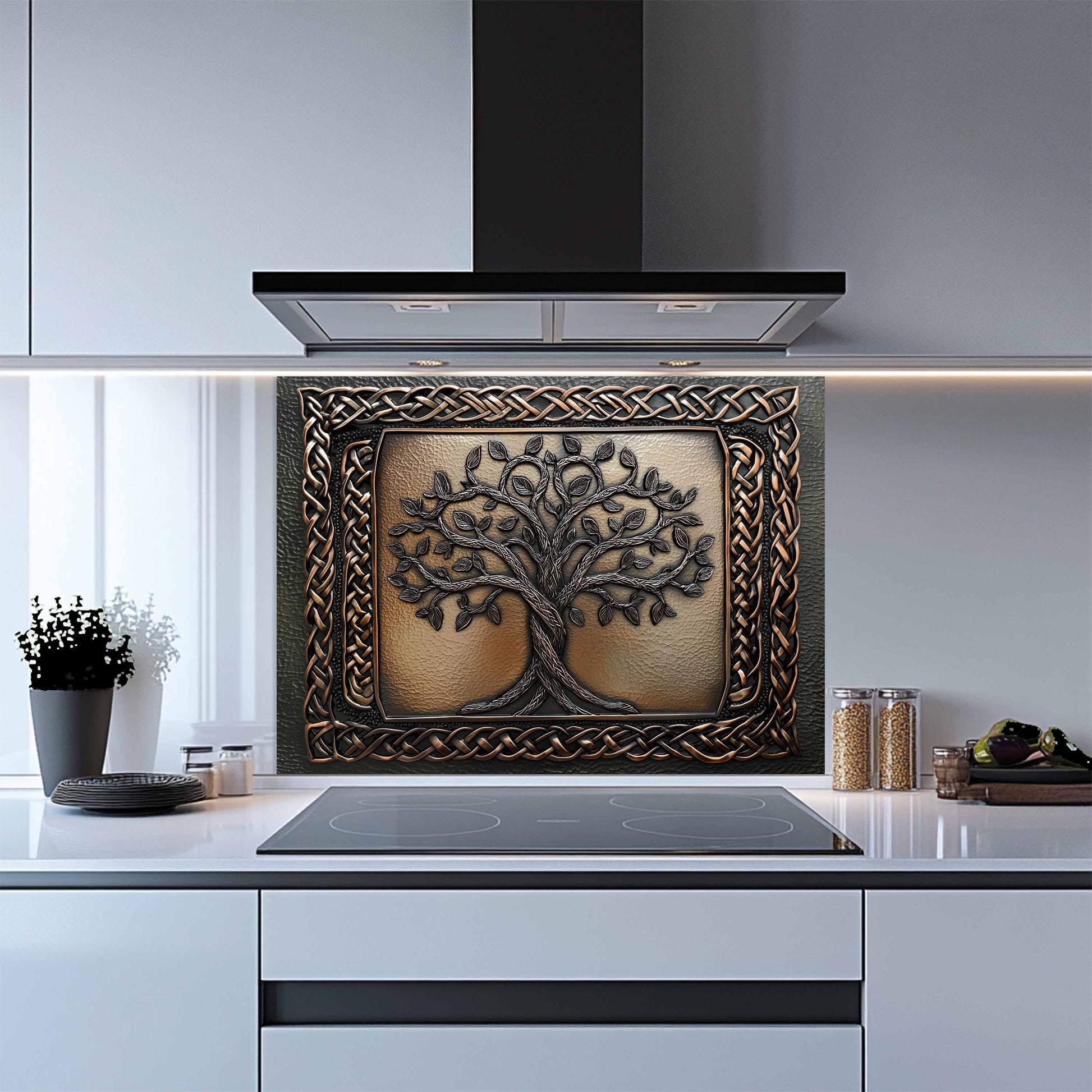 Decorative backsplash with tree design in a modern kitchen