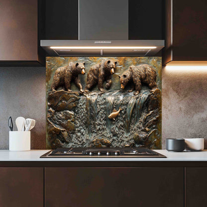 Kitchen with a decorative backsplash featuring three bears and a fish.