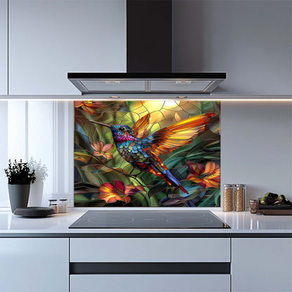 Kitchen with a colorful stained glass-style design on a backsplash